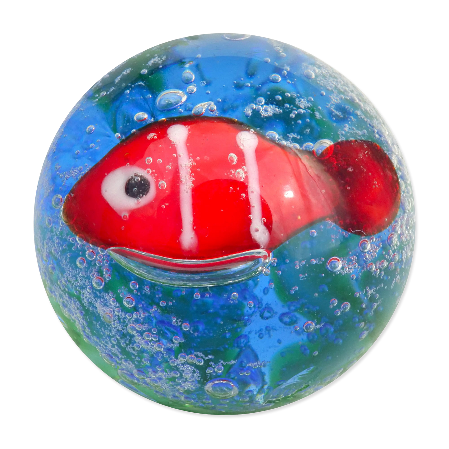 Glass fish marble with a red fish inside a clear sphere on a white background