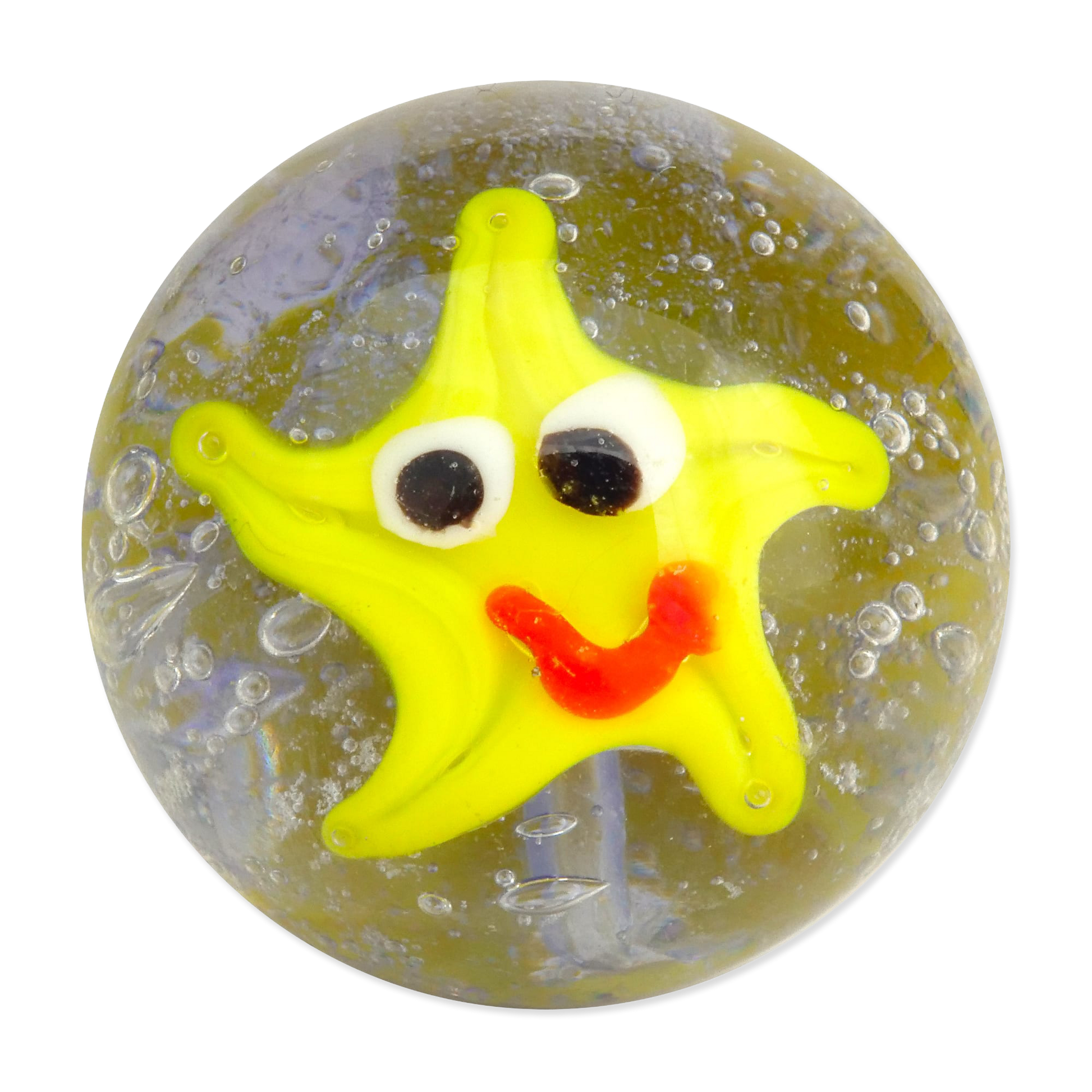 Yellow star-shaped marble with a smiley face on a transparent sphere with bubbles