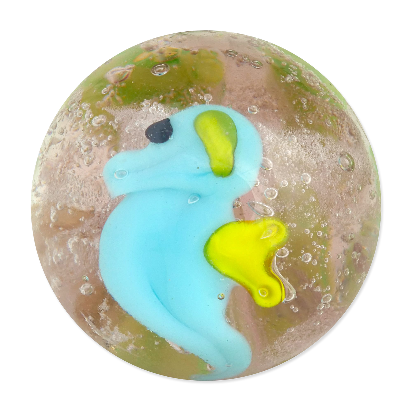 Marble with a blue and yellow seahorse embedded inside on a white background