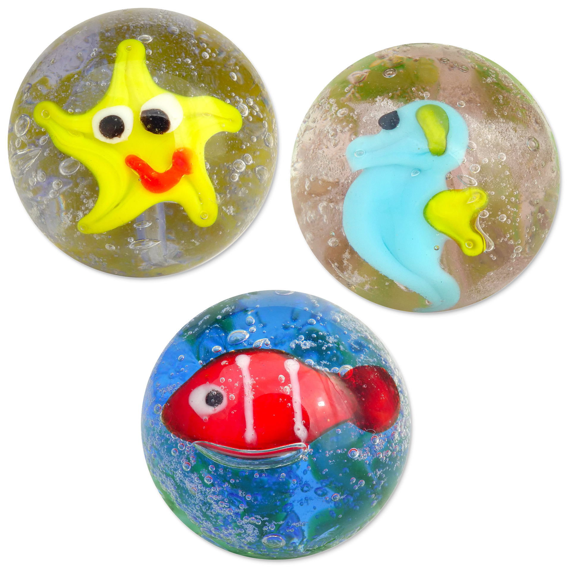 Three colorful marbles with starfish, fish, and seahorse designs on a white background.