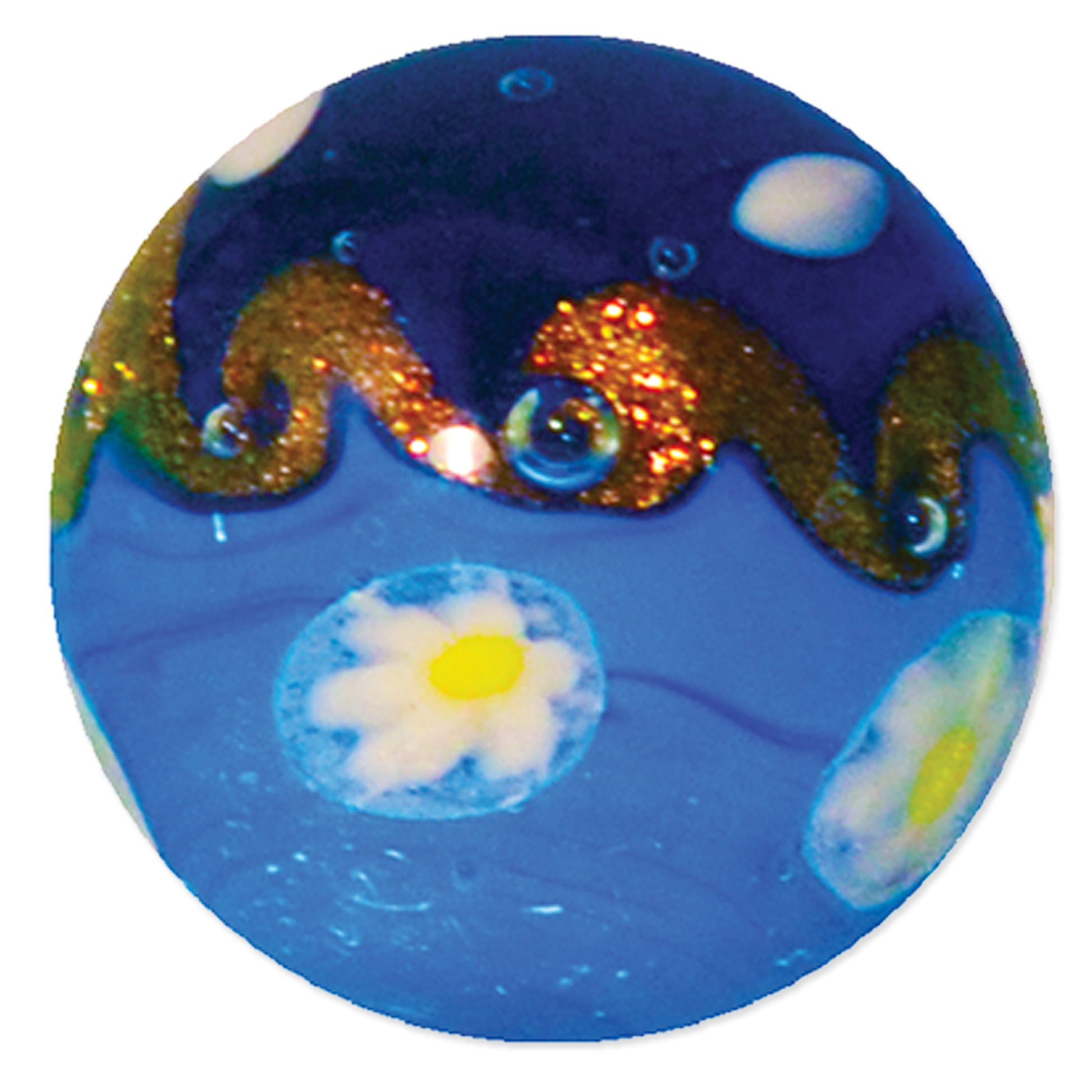 Round blue marble with floral design and glittery elements on a white background