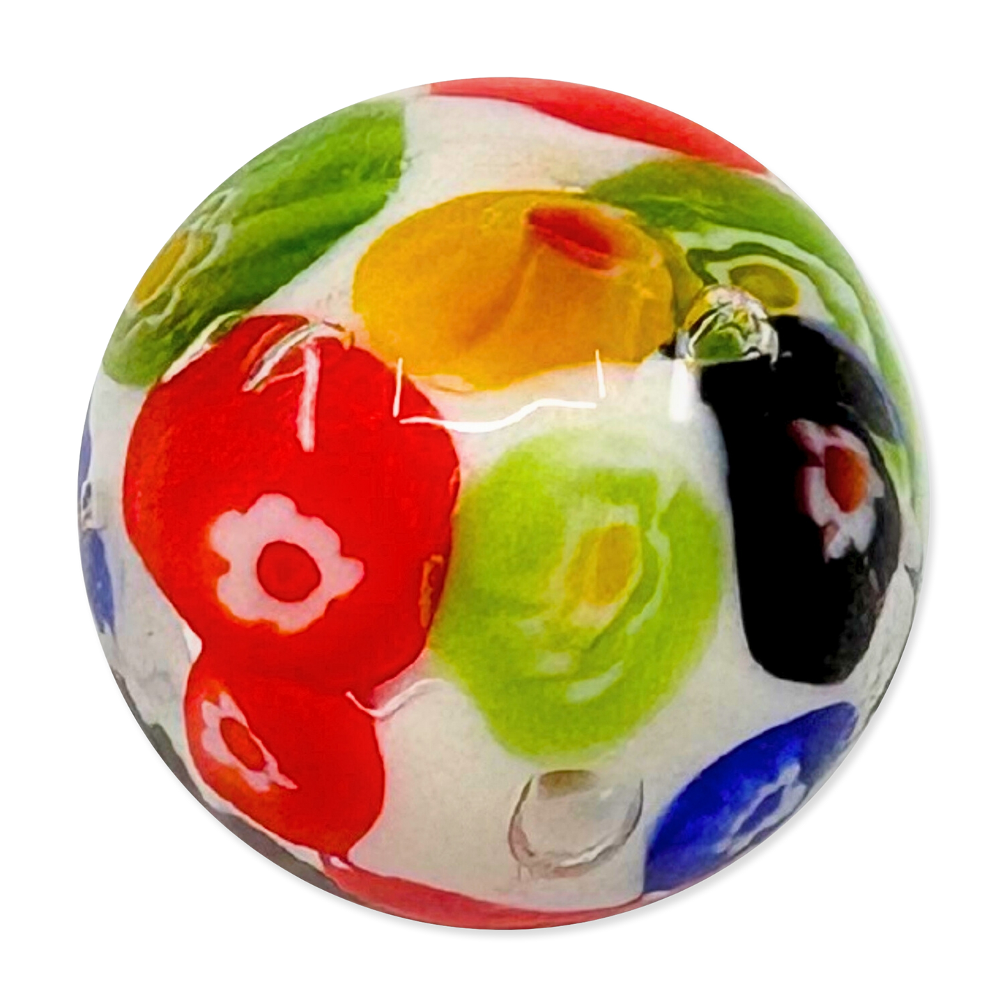 Colorful glass marble with floral patterns on a white background