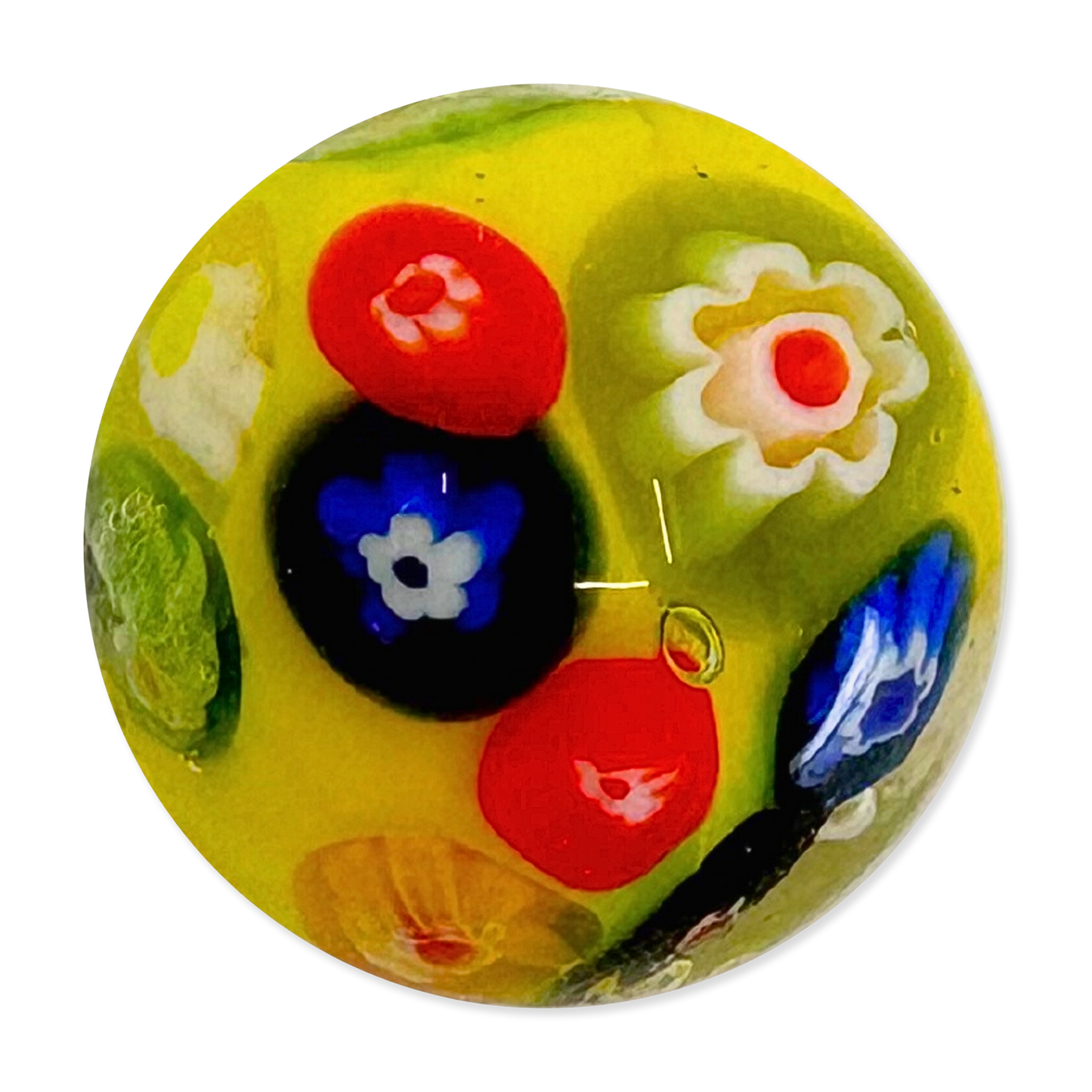 Colorful glass marble with floral patterns on a white background