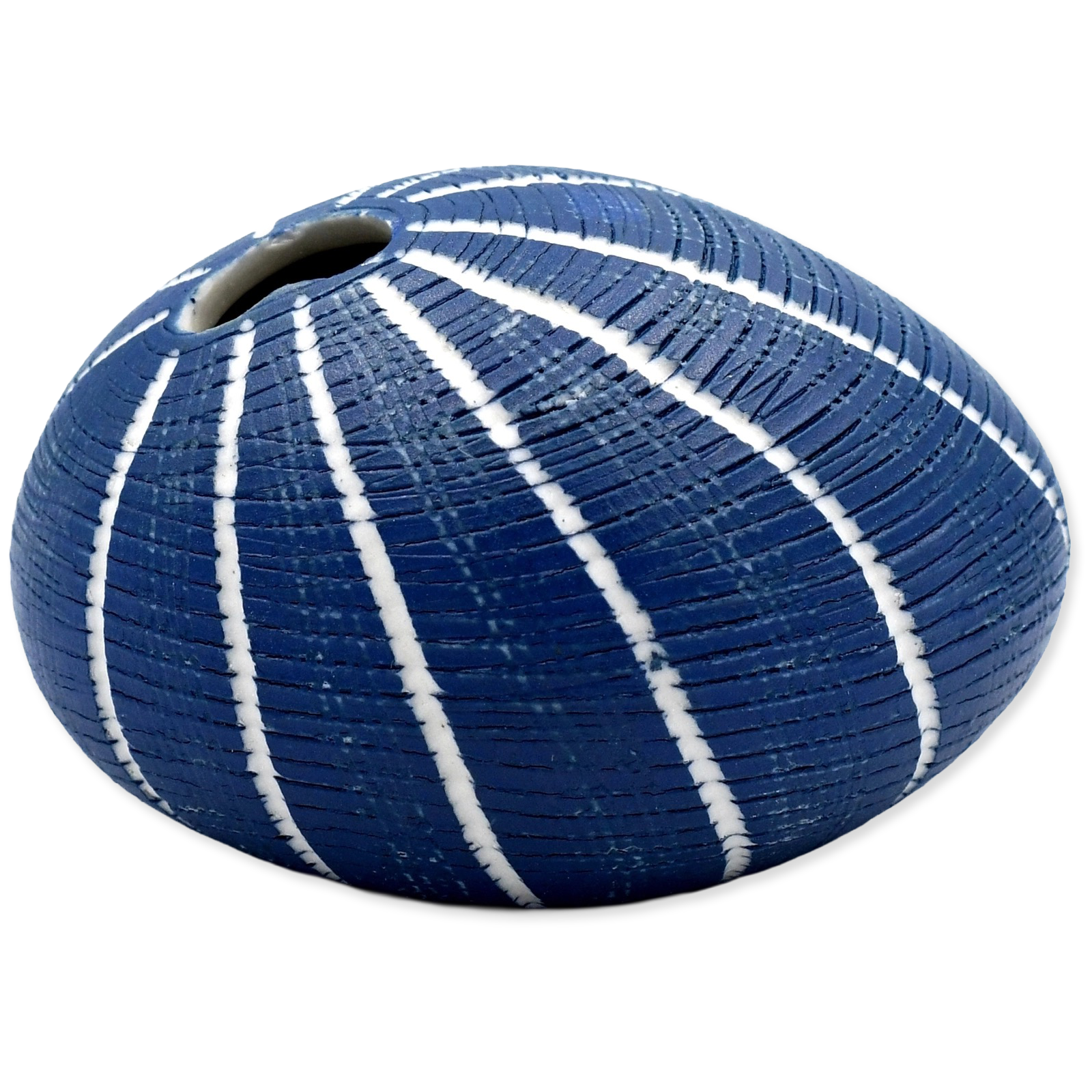 Blue ceramic vase with white stripes on a white background