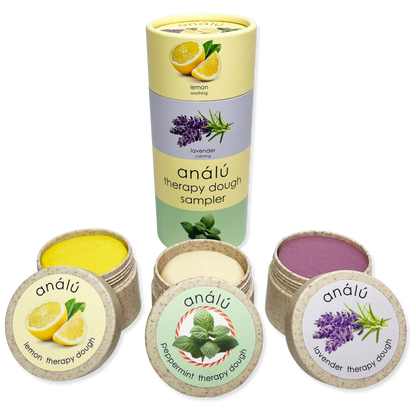 Sampler set of 3 scented therapy doughs in a tube.