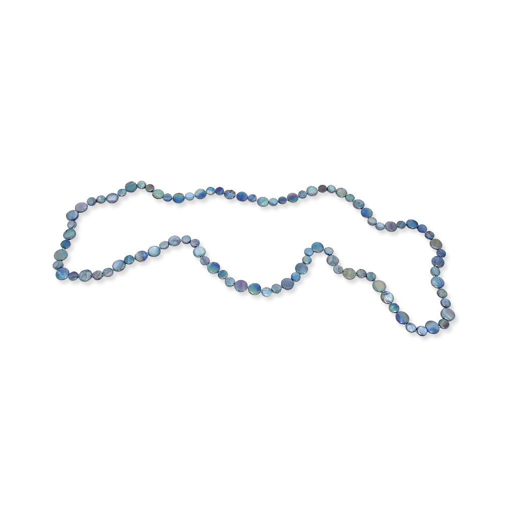 Beaded necklace with blue and green stones on a white background