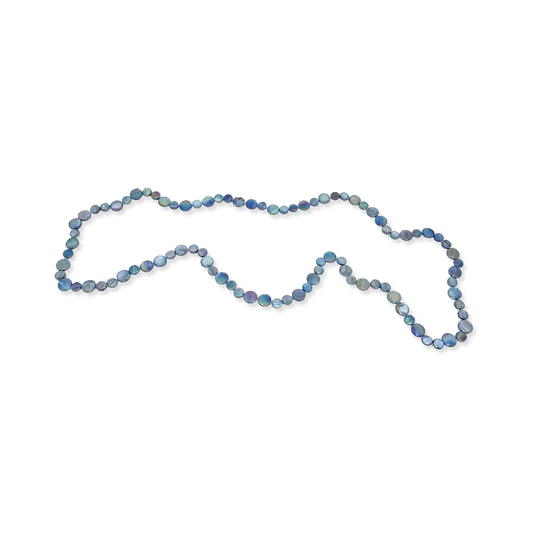 Beaded necklace with blue and green stones on a white background