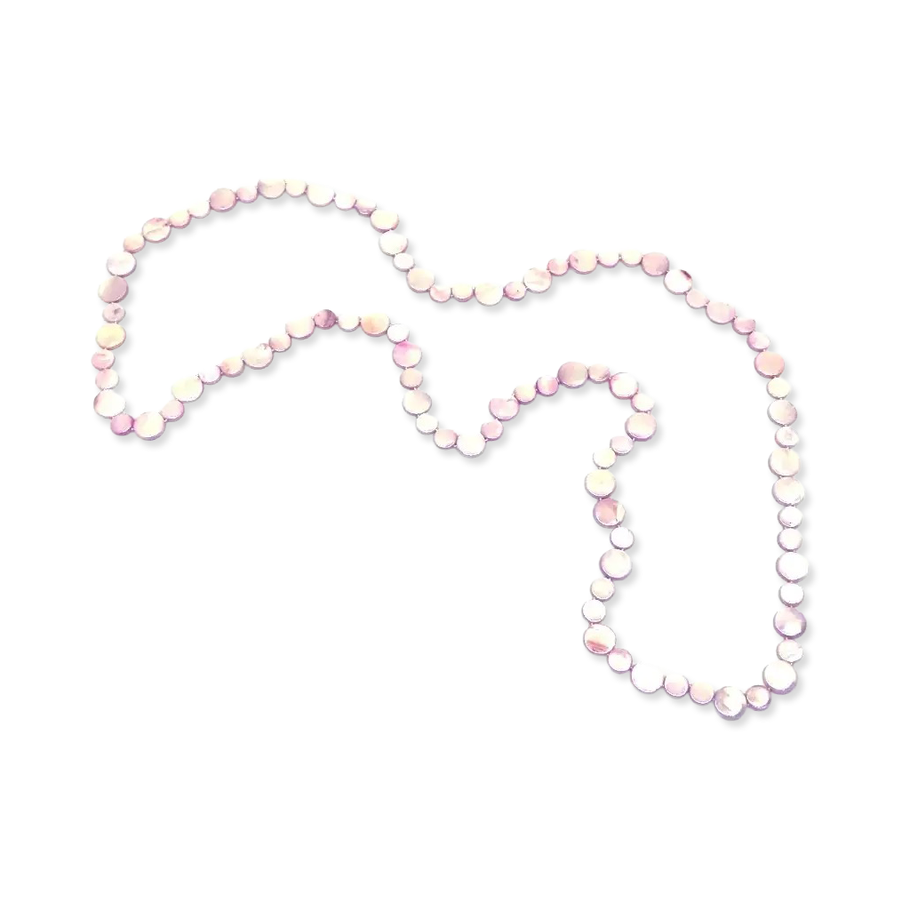 Long necklace with pink and white beads on a white background