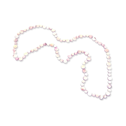Long necklace with pink and white beads on a white background