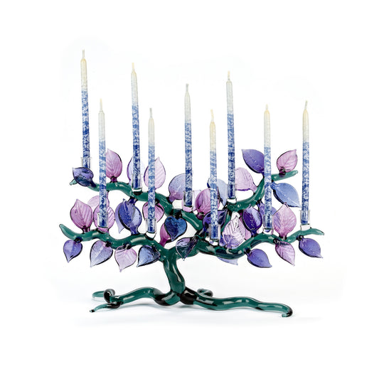 Glass Tree of Life Menorah, Lavender and Teal