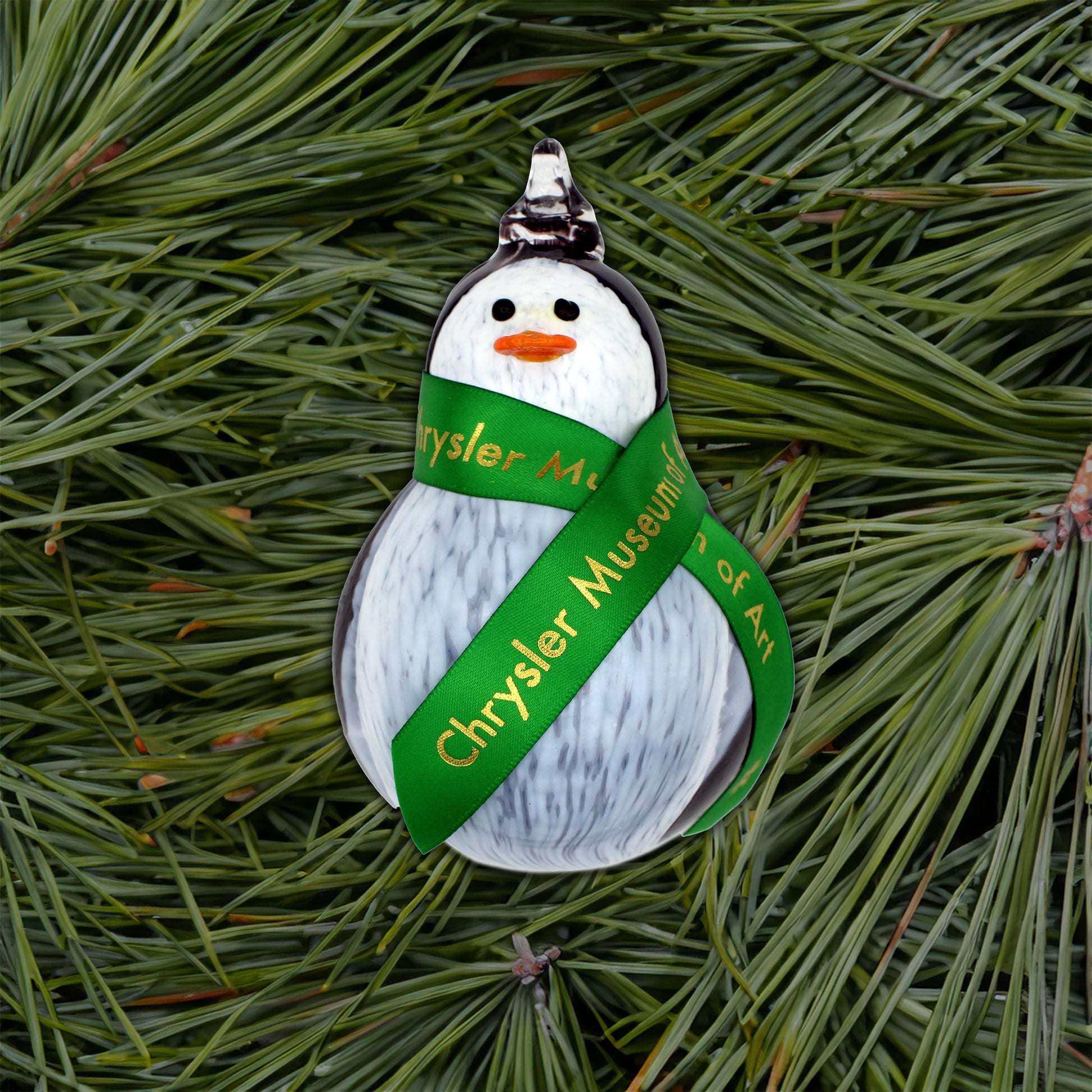 Chrysler Museum Ornament: Penguin with Green CMA Scarf by Kelsey Finnie Glass - Chrysler Museum Shop