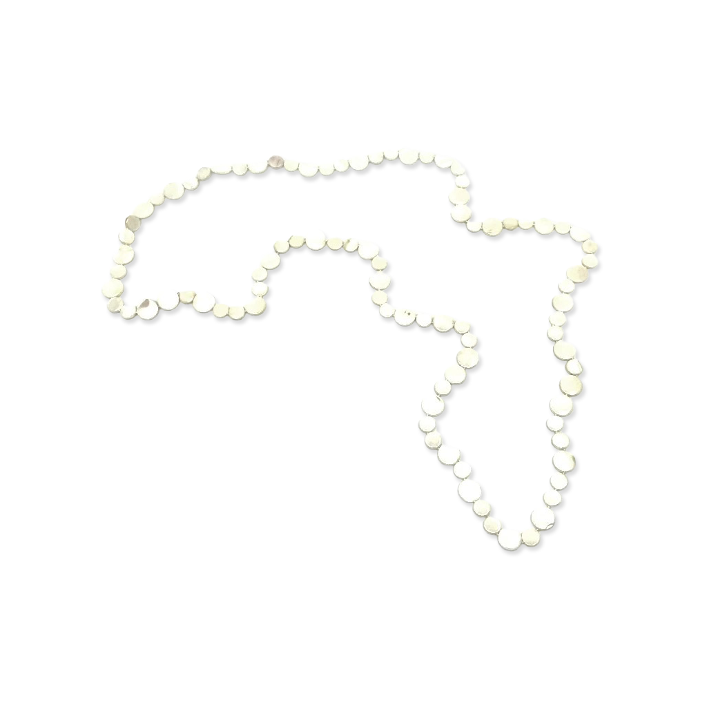 Long string of mother-of-pearl coins on a white background