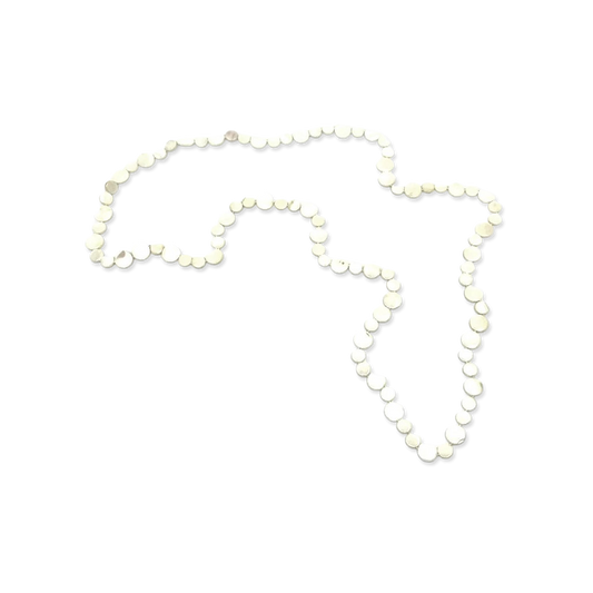 Long string of mother-of-pearl coins on a white background