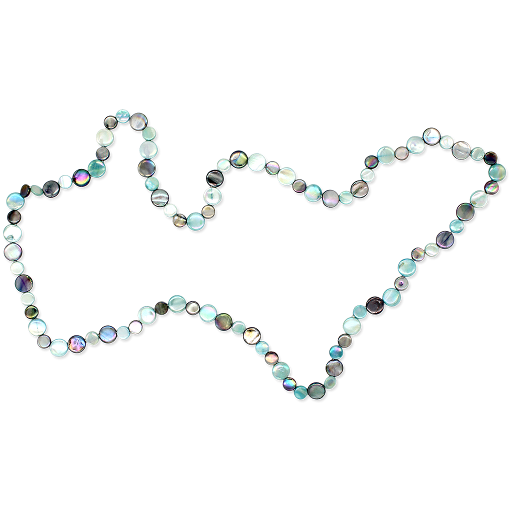 Multicolored beaded necklace forming a heart shape on a white background
