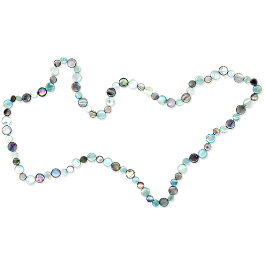 Multicolored beaded necklace forming a heart shape on a white background