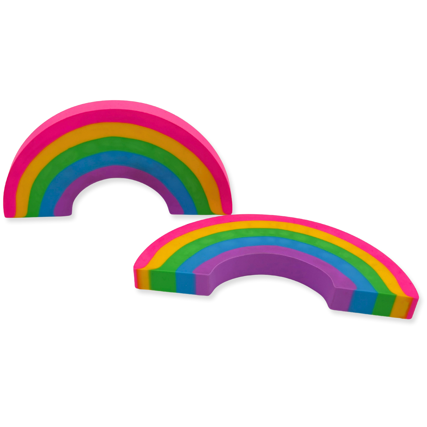 Two rainbow-shaped erasers on a white background
