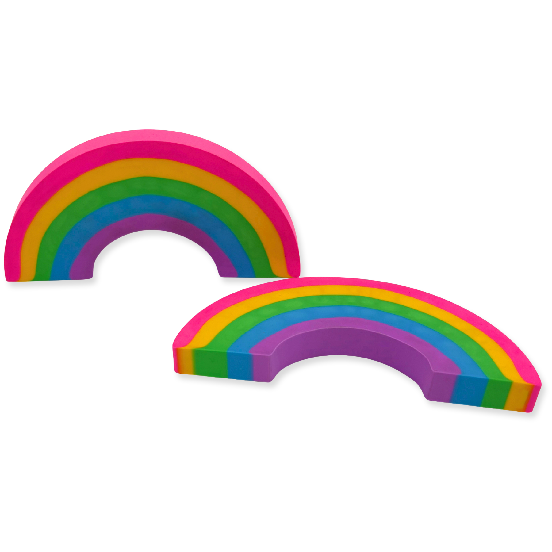 Two rainbow-shaped erasers on a white background