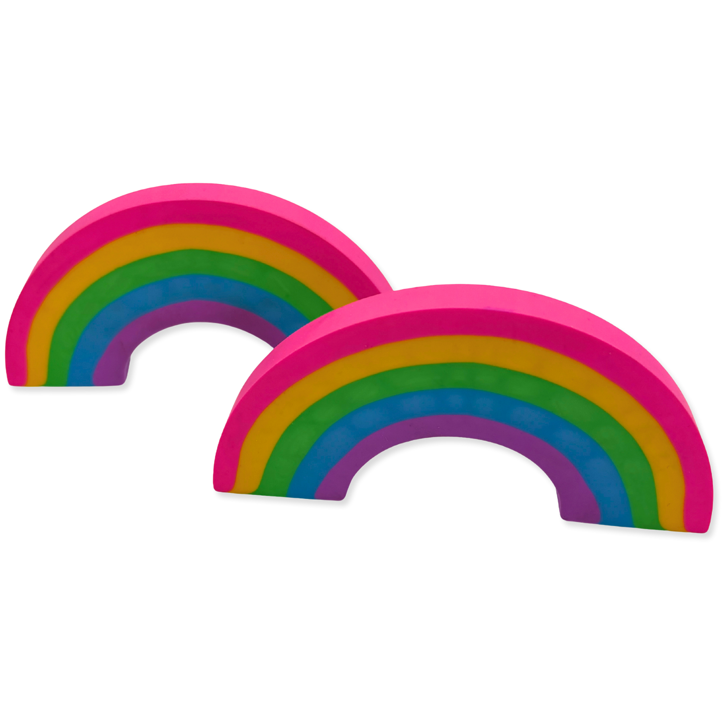 Two rainbow-shaped erasers with pink edges on a white background