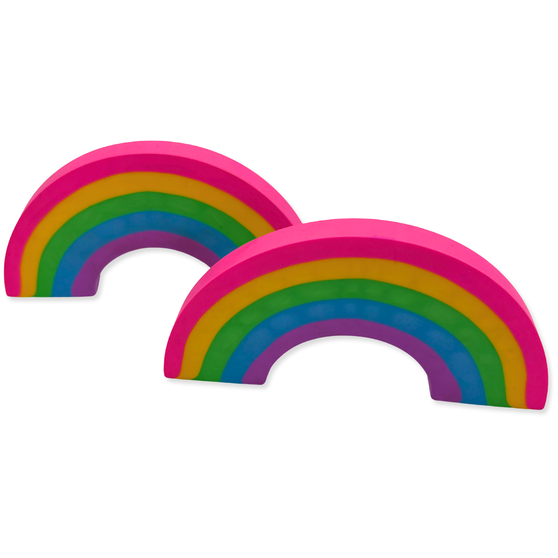 Two rainbow-shaped erasers with pink edges on a white background