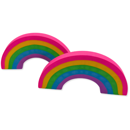 Two rainbow-shaped erasers with pink edges on a white background