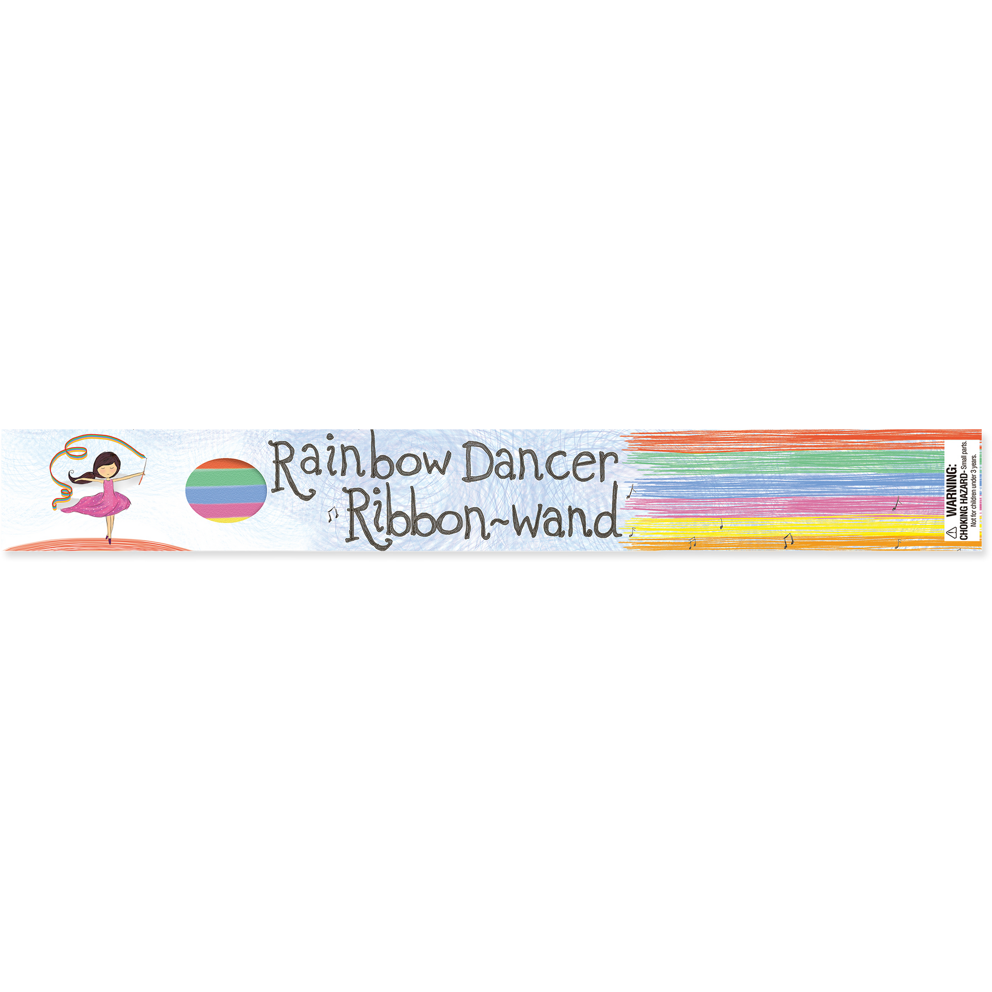 Packaged Rainbow Dancer Ribbon-Wand with colorful ribbons on a white background