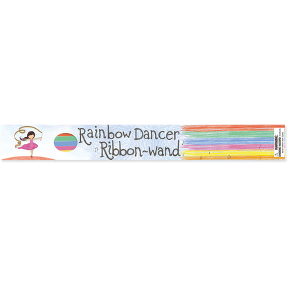 Packaged Rainbow Dancer Ribbon-Wand with colorful ribbons on a white background