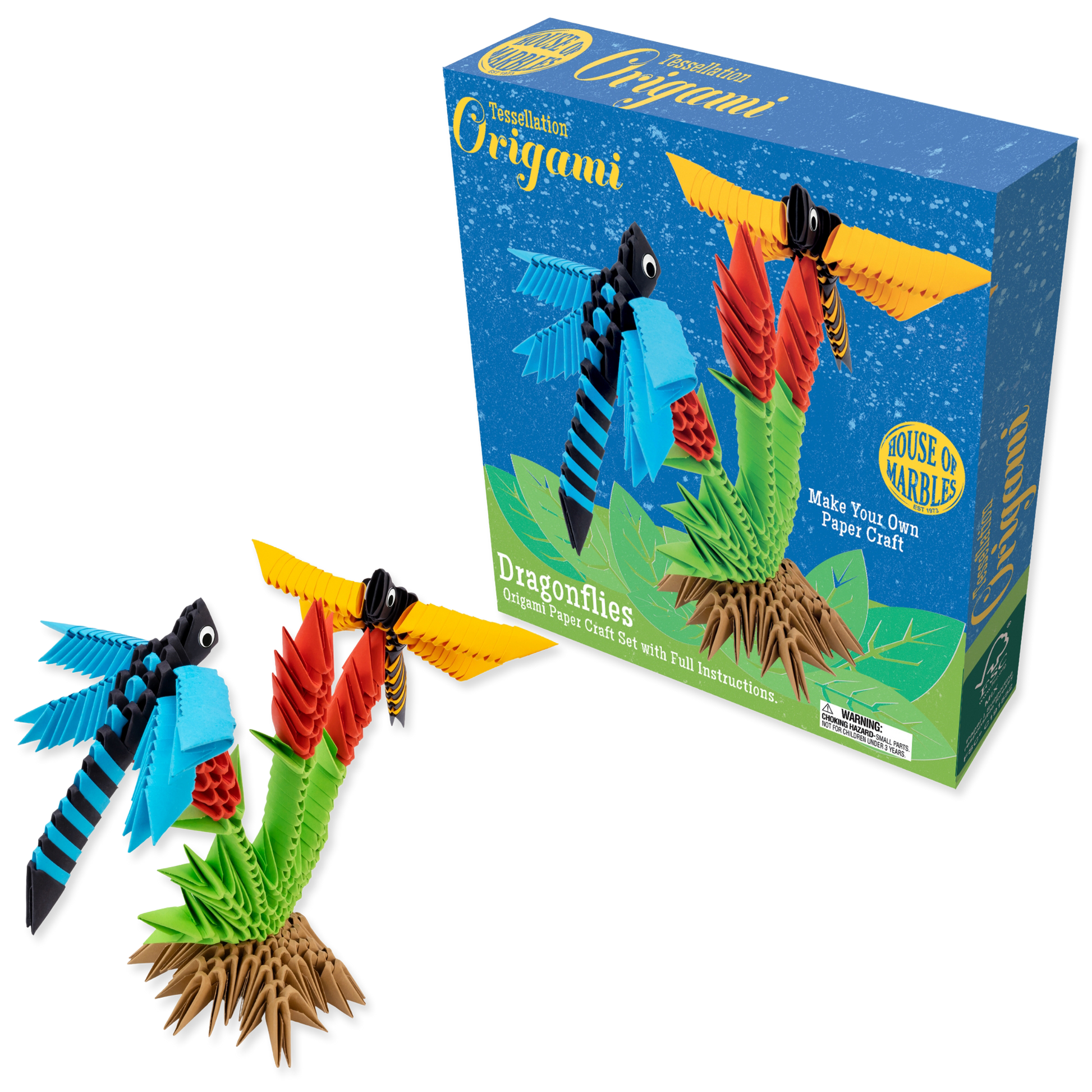Origami dragonfly kit with colorful packaging on a white background