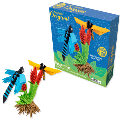 Origami dragonfly kit with colorful packaging on a white background