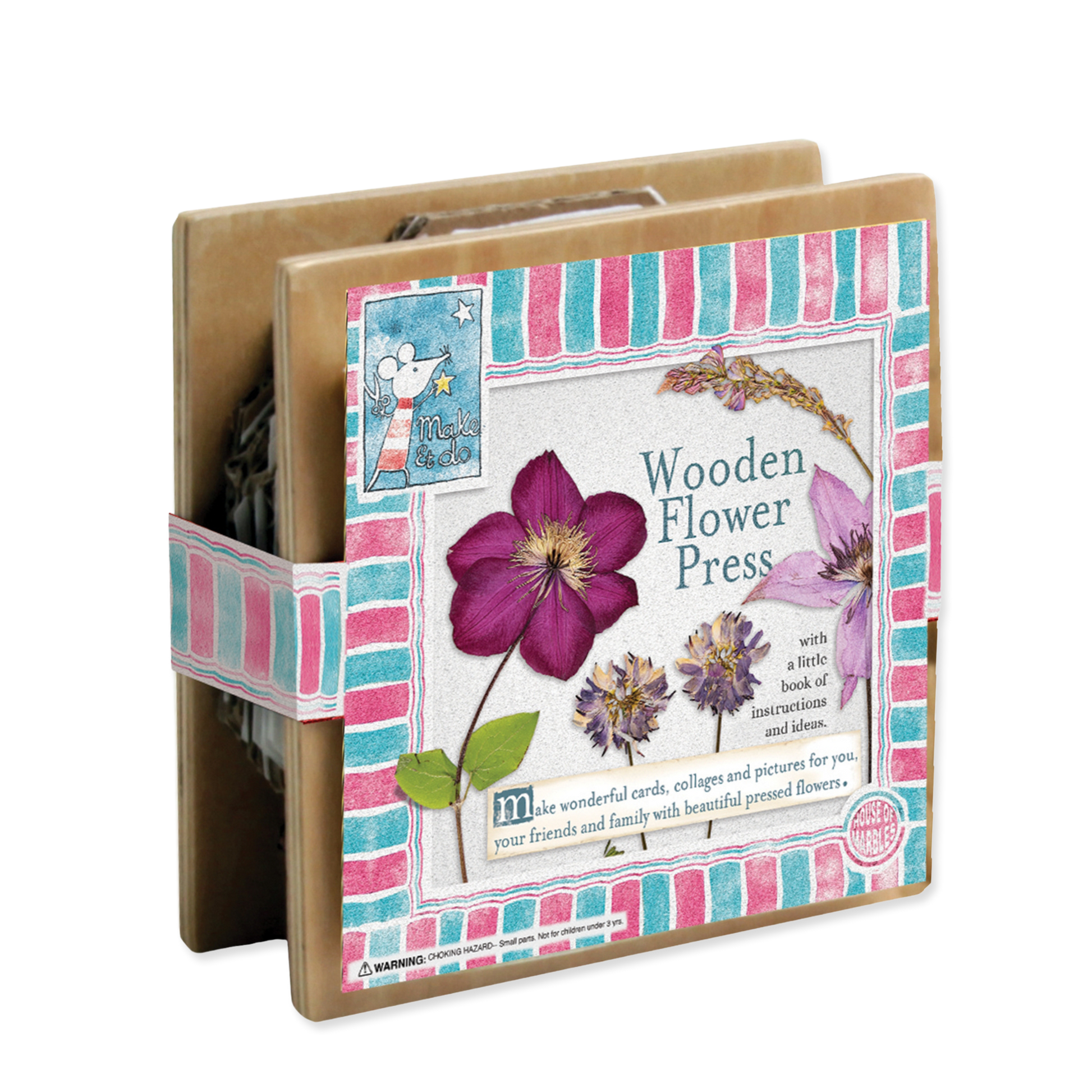 Wooden flower press with floral design and text on packaging