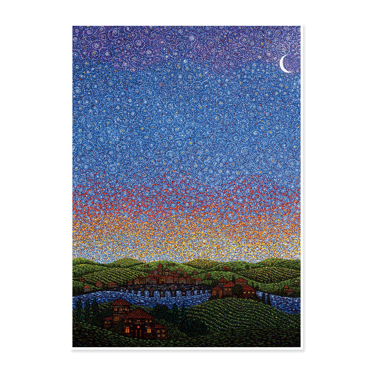Surreal landscape with a starry sky over a village, featuring a gradient from blue to orange.