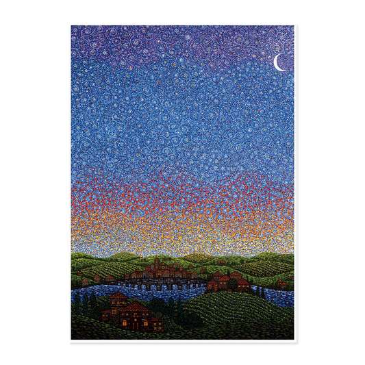 Surreal landscape with a starry sky over a village, featuring a gradient from blue to orange.