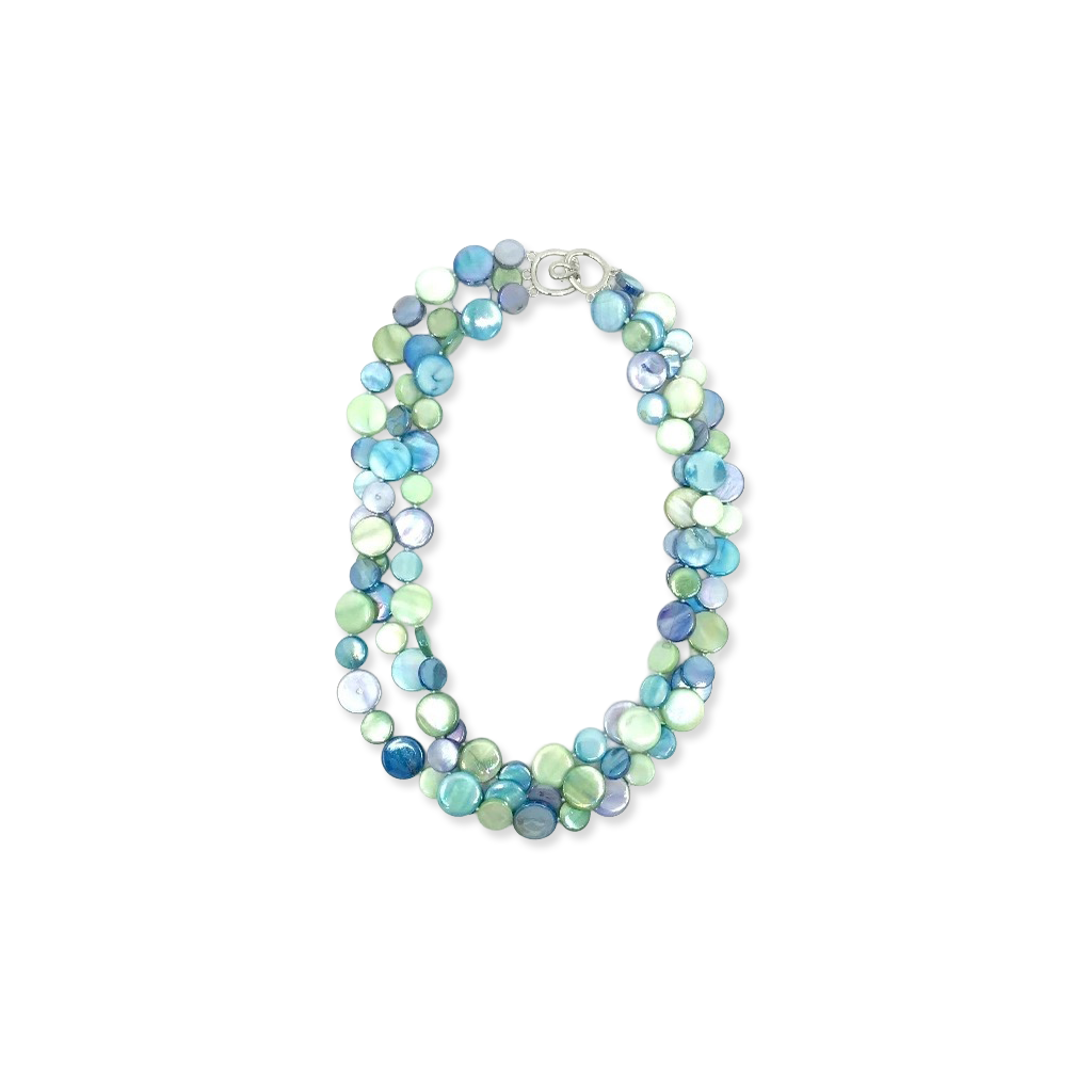 Multicolored beaded necklace on a white background