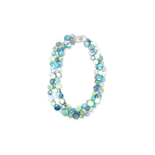 Multicolored beaded necklace on a white background