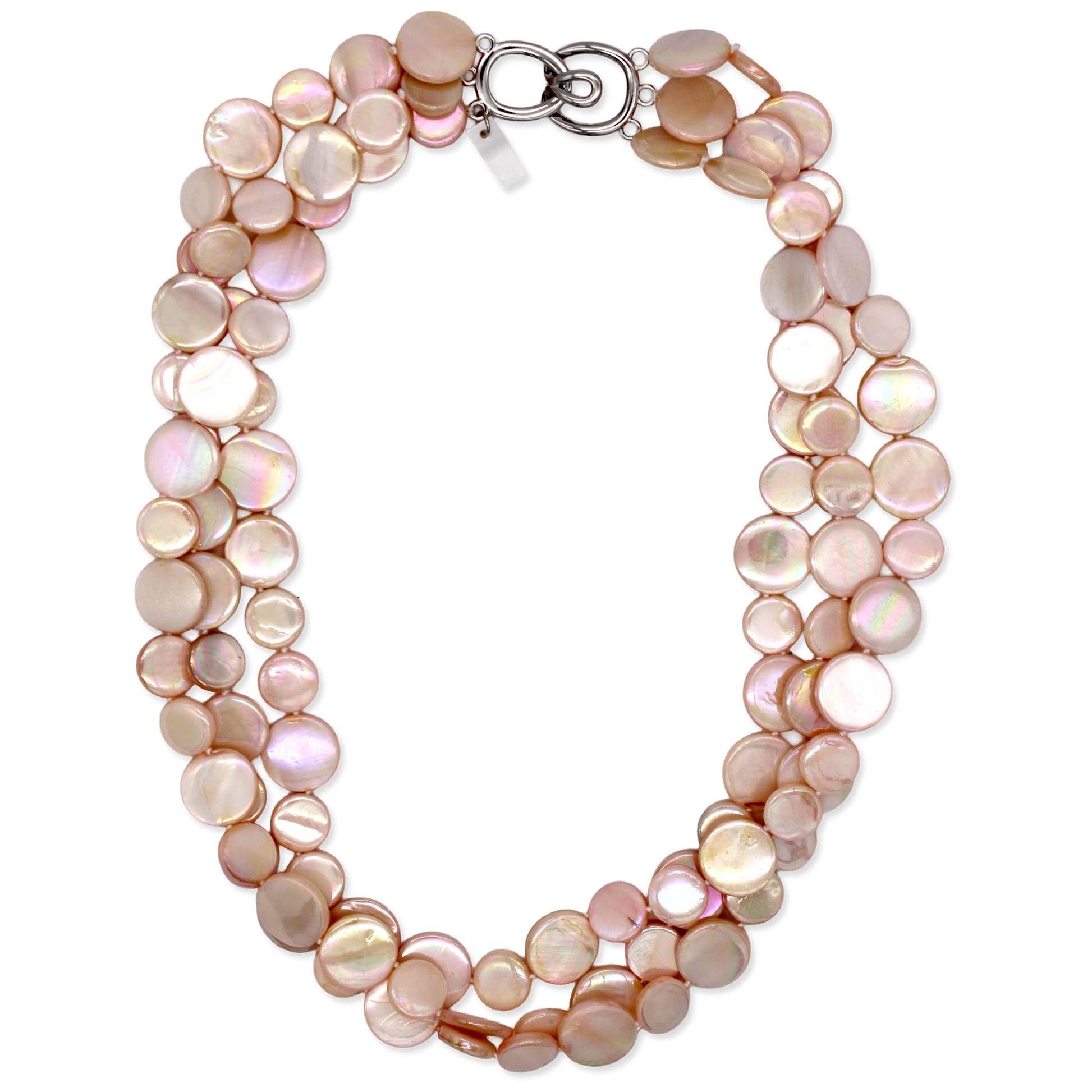 Multi-strand pink mother of pearl necklace on a white background