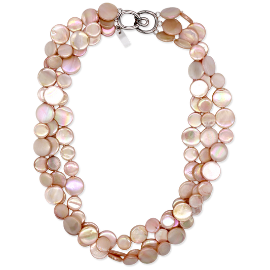 Multi-strand pink mother of pearl necklace on a white background
