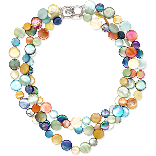 Multicolored pearl necklace on a white background
