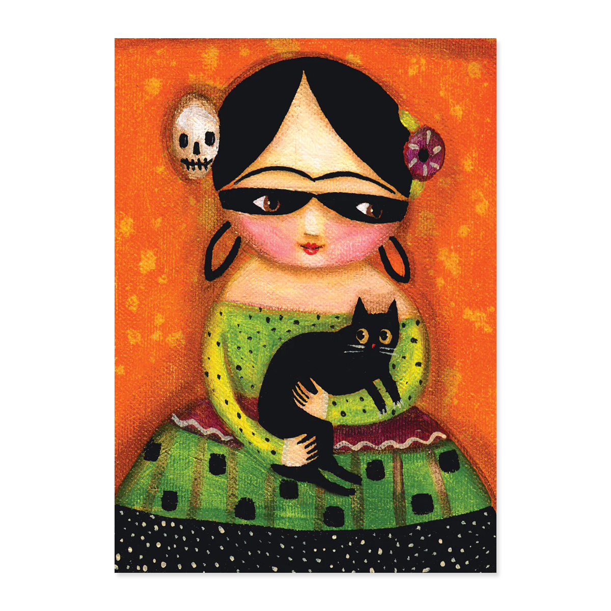 Illustration of a woman with a black cat on an orange background