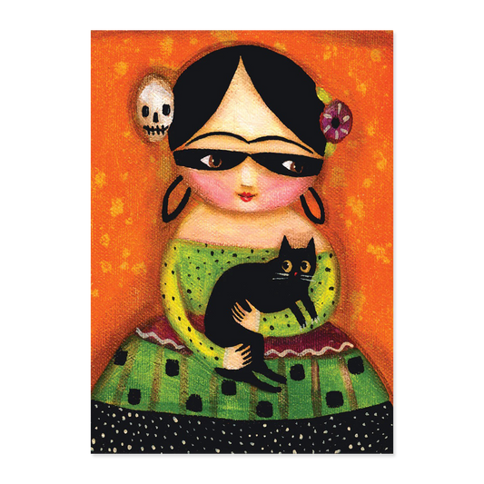 Illustration of a woman with a black cat on an orange background
