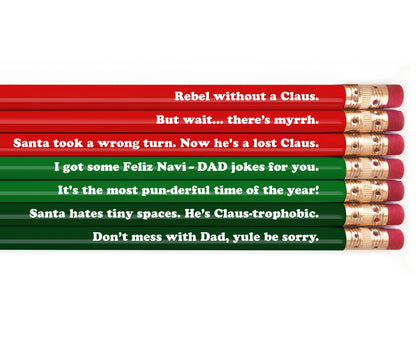 Set of red and green pencils with humorous text on a white background