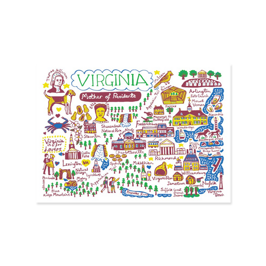 Illustrated map of Virginia with various landmarks and attractions on a white background