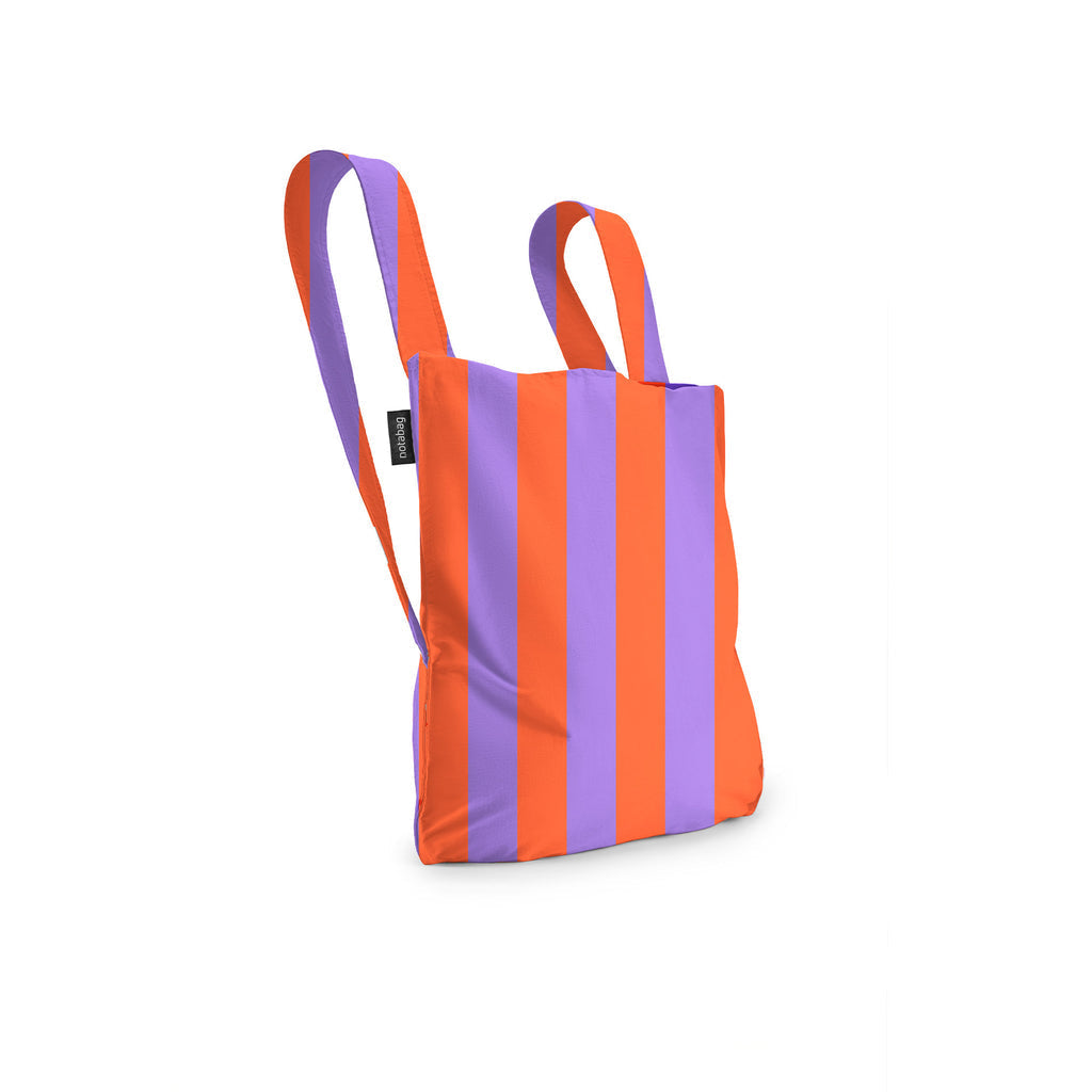 Backpack with orange and purple stripes on a white background