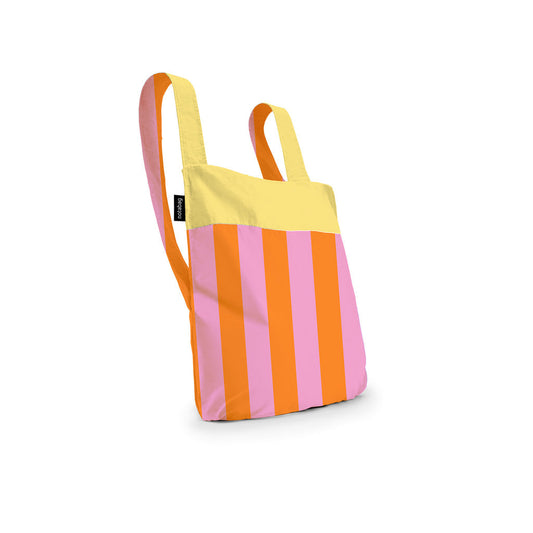 Colorful striped bag with a yellow top section on a white background
