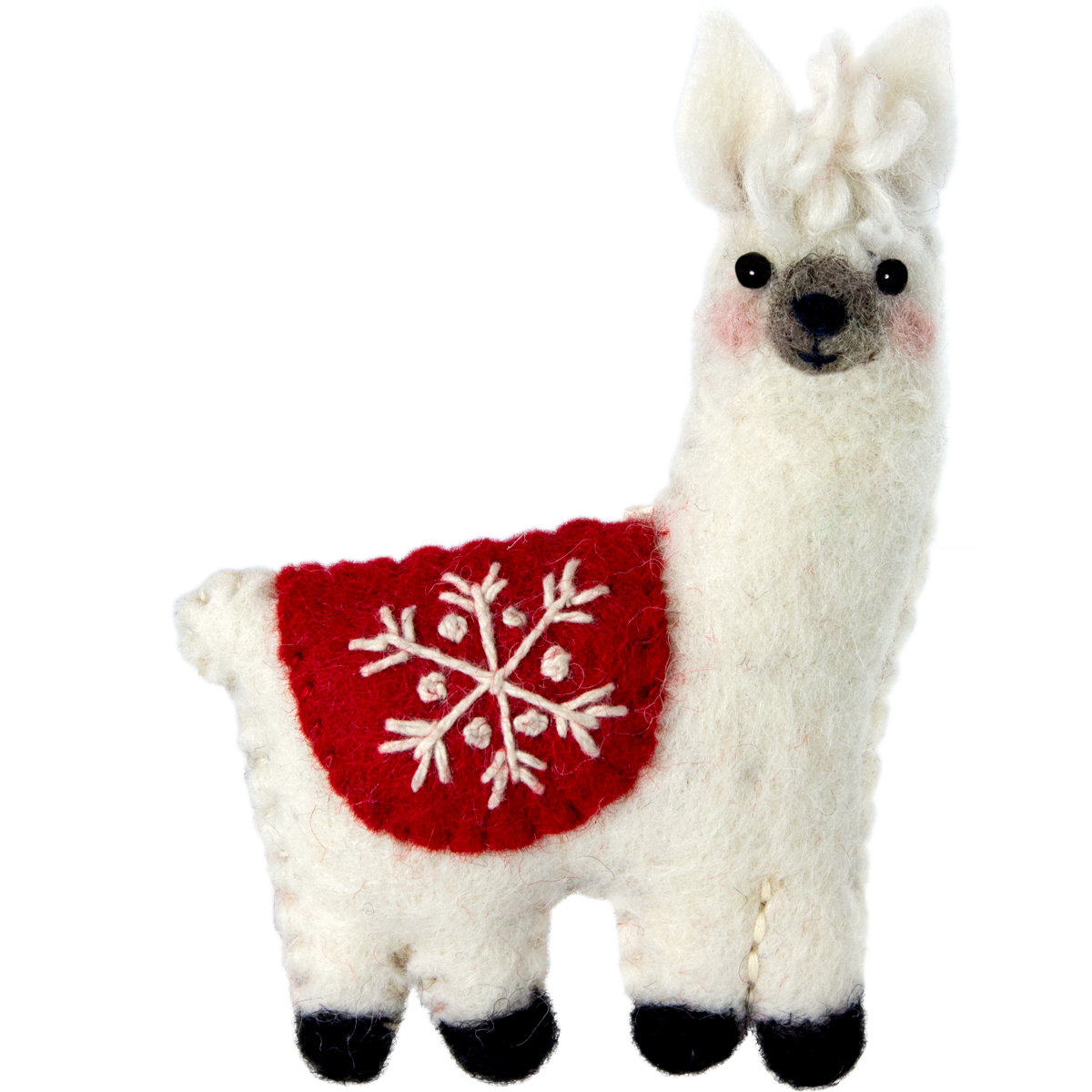 Stuffed toy llama wearing a red sweater with a snowflake design on a white background