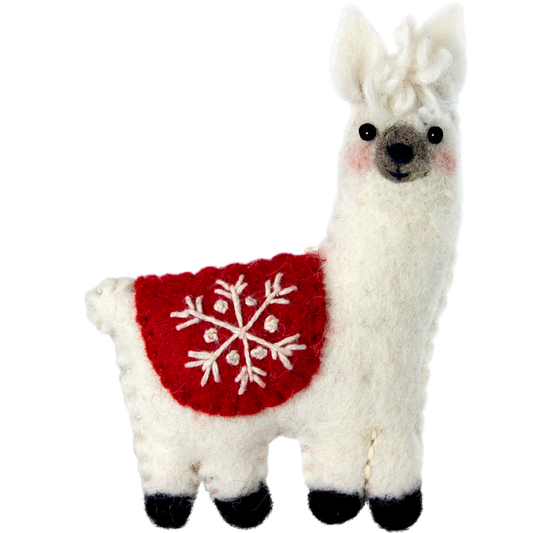 Stuffed toy llama wearing a red sweater with a snowflake design on a white background