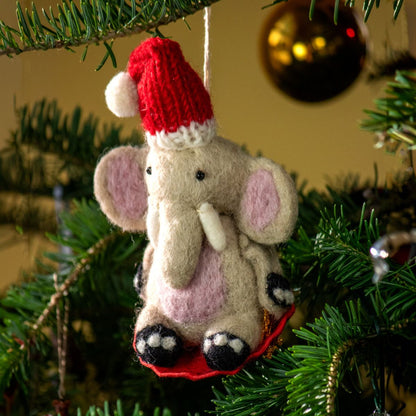 Handmade Wool Felt Sledding Elephant Ornament