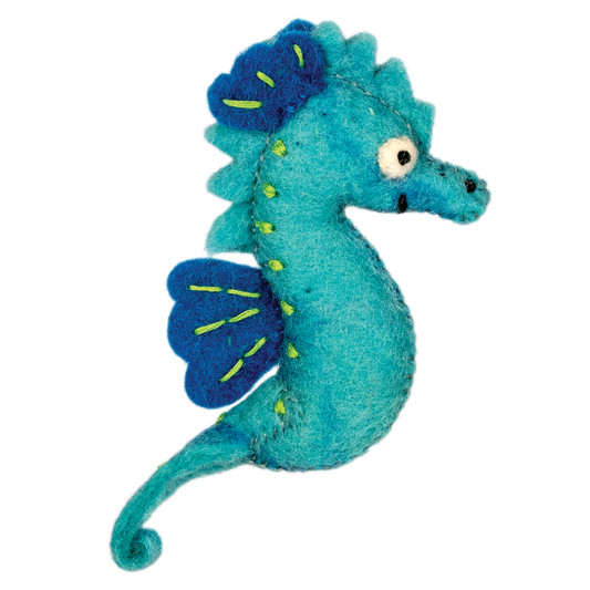 Blue seahorse ornament with green accents on a white background
