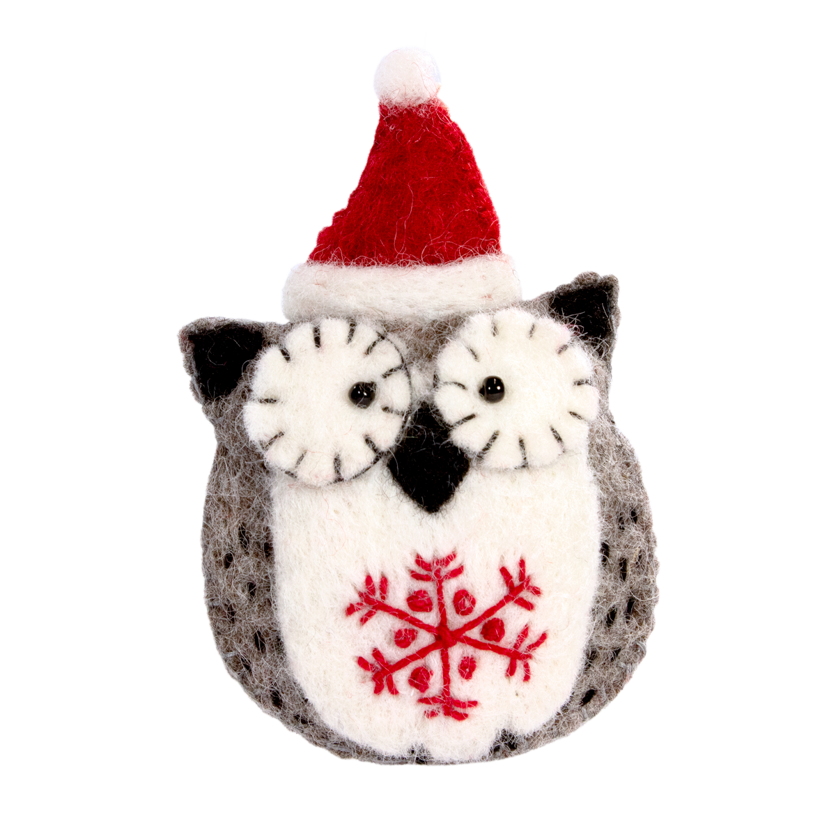 Felted owl ornament with red snowflake design and Santa hat on a white background