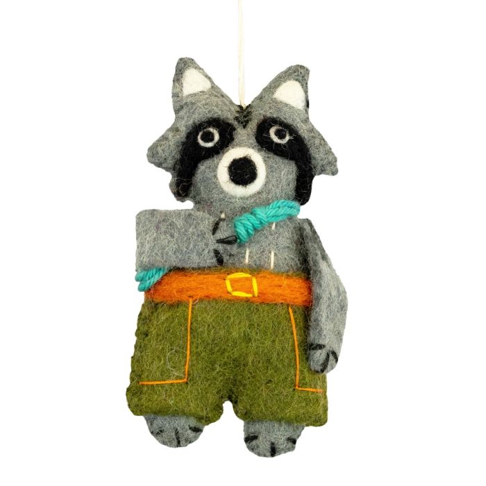 Handmade Wool Ornament: Camp Raccoon