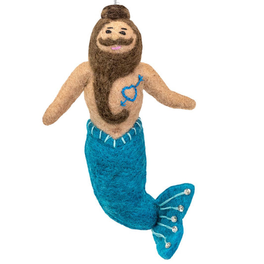 Mermaid ornament with blue tail and brown hair on a white background