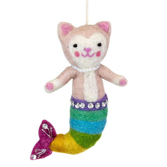 Felted mermaid cat ornament with a colorful tail on a white background